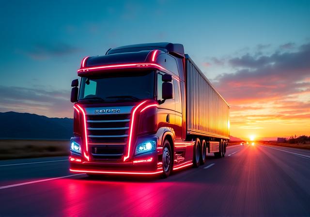 Close up of a modern logistics truck reflecting city lights
