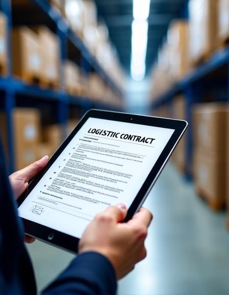 Professional logistics contract on a tablet with a blurred warehouse background
